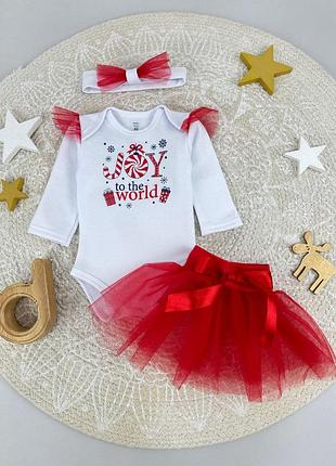 Святковий комплект для дівчинки 3в1 зі спідницею та пов'язкою , новорічний костюм , 62 - 86 см5 фото