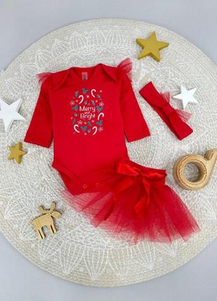 Святковий комплект для дівчинки 3в1 зі спідницею та пов'язкою , новорічний костюм , 62 - 86 см4 фото
