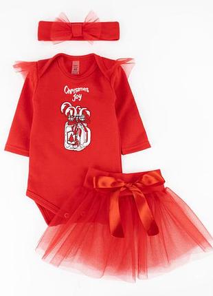 Новорічний комплект для дівчинки 3в1 зі спідницею та пов'язкою , новорічний костюм , 62 - 86 см
