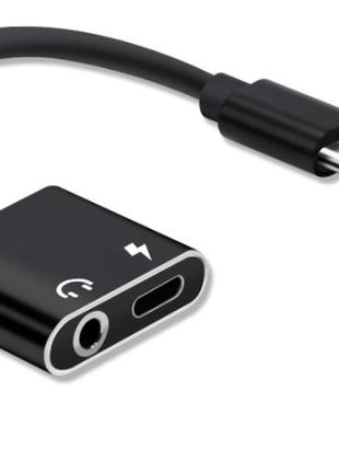 Перехідник сплітер 2 в 1 usb-c type c у 3.5 mm jack audio адаптер для заряджання та прослуховування музики (чорний)