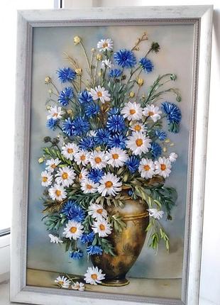 Картина "ромашки і васильки" з вишивкою стрічками3 фото