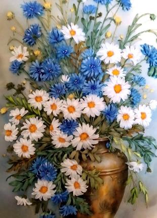 Картина "ромашки і васильки" з вишивкою стрічками2 фото