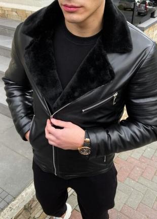 Зимова шкіряна куртка black1 фото