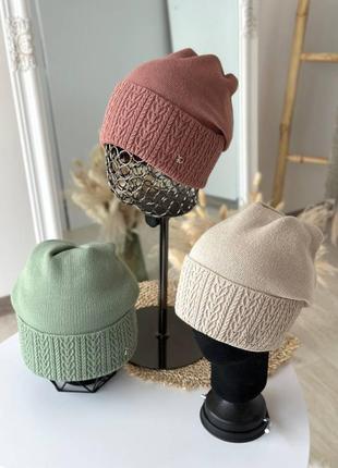 Тепла шапка на повному флісі жіноча зима з відворотом, з защипом 56-59 вовна 50%, акрил 50%