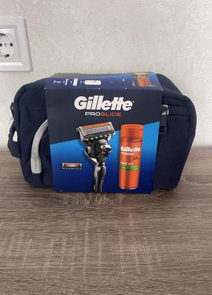 Набір чоловічий fusion proglide (станок 2 знімні картриджі+гель для чутливої шкіри 200 мл + косметичка)