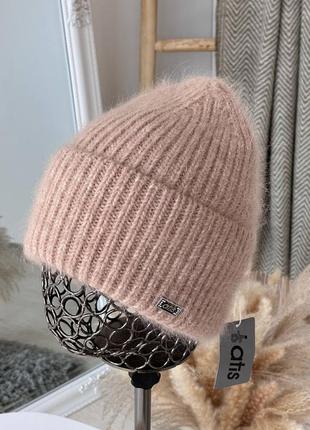 Тепла ангорова шапка на повному флісі жіноча зима подвійна з відворотом 55-59 ангора 45%