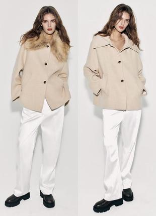 Короткое теплое пальто из смесовой шерсти zara, размер l