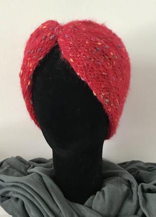 Пов'язка бант на голову, в'язана твідова тепла м'яка, нитки напівшерсть, колір червоний