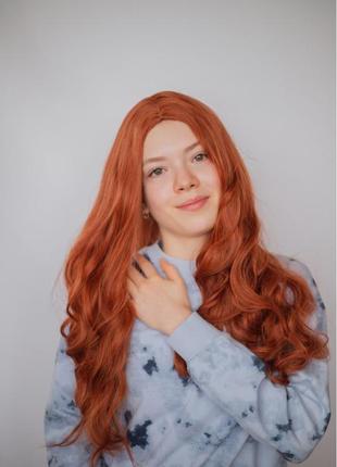 Рыжий густой волнистый парик без челки