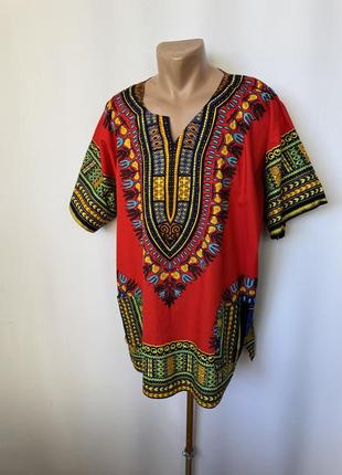 Африканська футболка сорочка топ червоний яскравий з орнаментом з візерунком етно-бохо африка мотиви етно-бохо