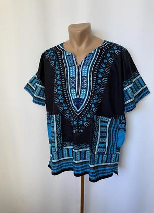 Синя африканська футболка сорочка чорна топ яскравий з орнаментом з візерунком етно-бохо африку мотиви етно-бохо