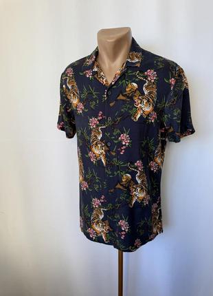 Primark теніска гавайка принт тигр квіти темно синя гавайська сорочка темна віскоза