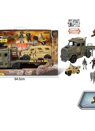 Набір військової техніки g 3109-43  трейлер, гелікоптер, машина, скутер, намет, 2 фігурки військових, аксес