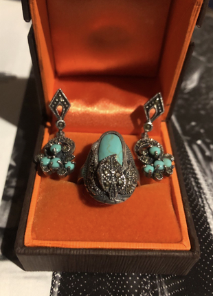 Серебро 925, бирюза, марказиты, кольцо р. 18-18.5, серьги гвоздики, европа, винтаж, новий