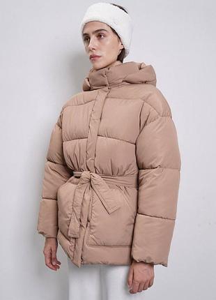 До -20° куртка пуховик пальто с капюшоном дутик пуффер с поясом черная молоко беж