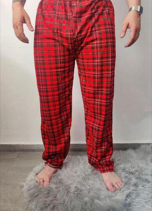 Мужские легкие штаны для дома в красную клетку хлопковые