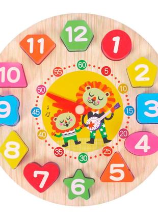 Деревянная игрушка часы md 1894 цифры- рамка-вкладыш, шнуровка лев