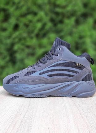 Чоловічі зимові високі кросівки | adidas yeezy boost 700 high | темно-сірі | комбіновані матеріали | хутро, :42