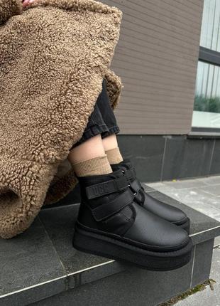 Черные женские зимние угги на липучках из натуральной кожи кожаные зимние угги угги с липучками
