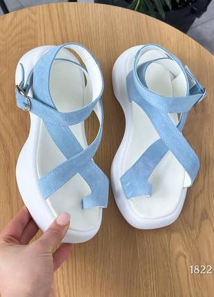 Босоножки воом, голубой, натуральная замша