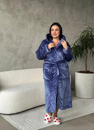 Теплий халат жіночий з капюшоном махра 2xl, 3xl, 4xl молочний (білий), зелений, синій, коричневий