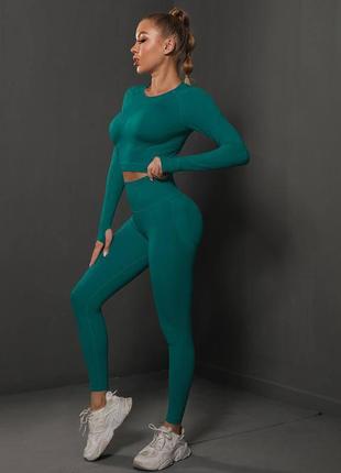 Костюм «новый» 2 в 1 (рашгард и леггинсы) с пуш-ап эффектом изумрудного цвета, размер m
