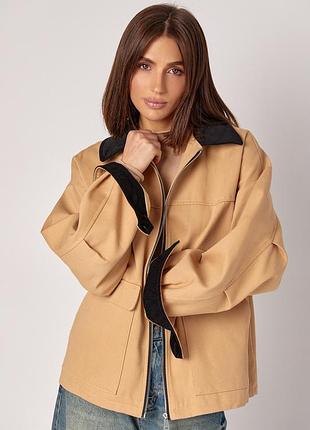 Жіноча куртка на блискавці з вельветовим коміром - світло-коричневий цвет, s (є розміри)