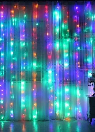 Праздничная гирлянда занавес "штора" на окно 200led 3х2м мультицветная цвет диодов мульти usb2 фото