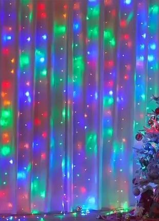 Праздничная гирлянда занавес "штора" на окно 200led 3х2м мультицветная цвет диодов мульти usb