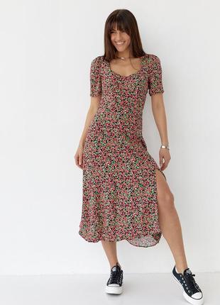 Сукня міді з розрізом у квітковий принт - чорний цвет, s (є розміри)