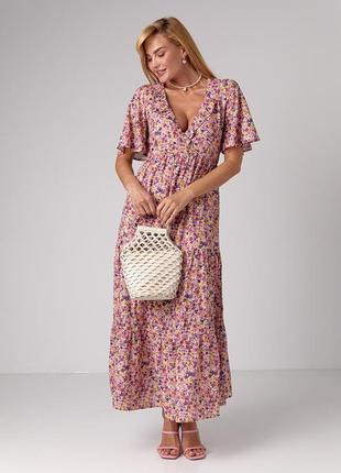 Довга сукня з оборкою та квітковим принтом - лавандовий цвет, xs (є розміри)