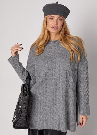 Жіночий в'язаний джемпер з косичками - сірий цвет, l (є розміри)