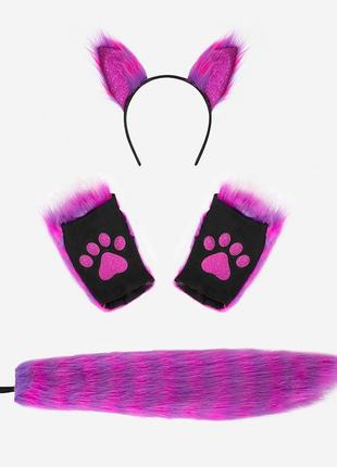 Набір котик обідок вушка, лапки та хвіст рожевий у смужку, костюм карнавальний, квадробіка, аніме, косплей2 фото