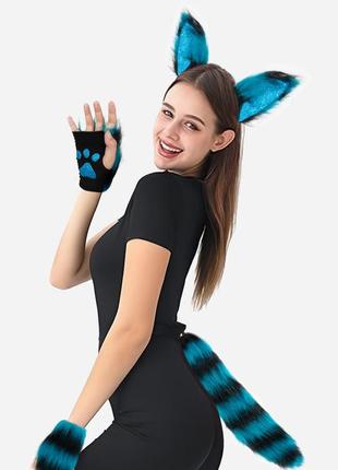 Набір котик обідок вушка, лапки та хвіст блакитний у смужку, костюм карнавальний, квадробіка, аніме, косплей2 фото