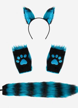 Набір котик обідок вушка, лапки та хвіст блакитний у смужку, костюм карнавальний, квадробіка, аніме, косплей