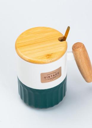 Чашка керамічна з бамбуковою кришкою та ручкою 400 мл зелена3 фото