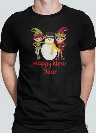 Чоловіча новорічна футболка з принтом сніговик та ельфи різдво