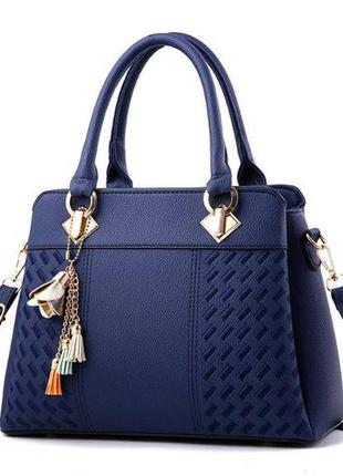Класична жіноча сумка через плече з брелоком, модна та якісна жіноча сумочка еко шкіра повсякденна синій