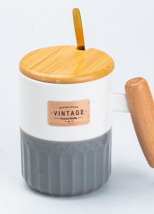 Чашка керамическая с бамбуковой крышкой и ручкой 400 мл серая