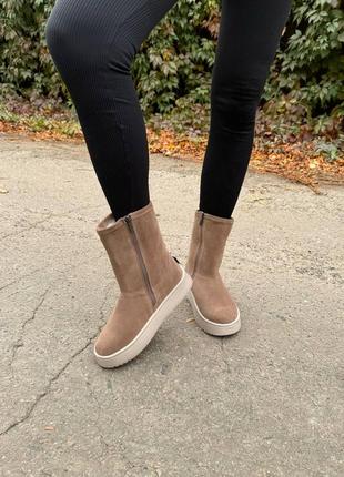 Угги женские высокие зимние бежевая шоре натуральная итальянская замша ugg уги ботинки сап...