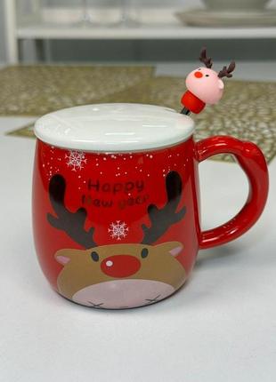 Кружка с крышкой и ложкой  "веселый олень", 370 мл