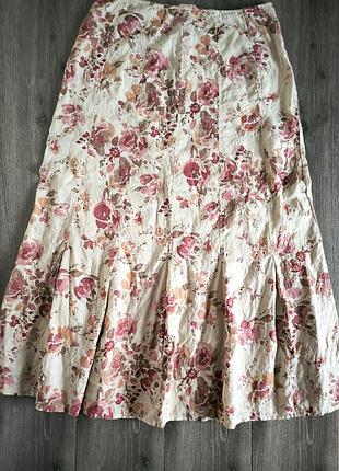 Юбка миди лён персиковая в цветочный принт, 48-50 р.