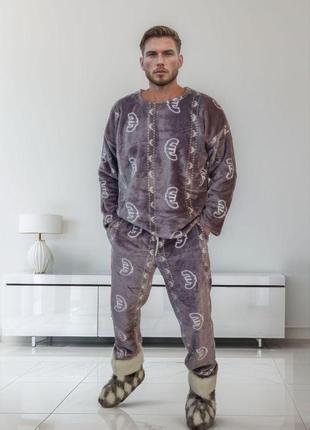 Пижама мужская зимняя теплая с плюшевой турция норма и батал (большие размеры) с принтом: синий, мокко