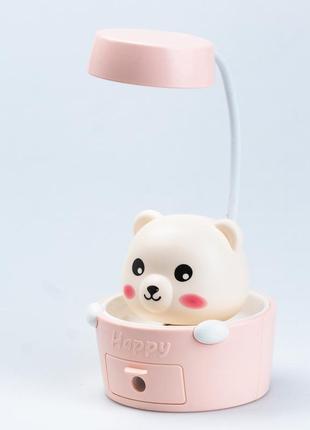 Дитяча настільна лампа світильник з точилкою для олівців "ведмедик" рожева