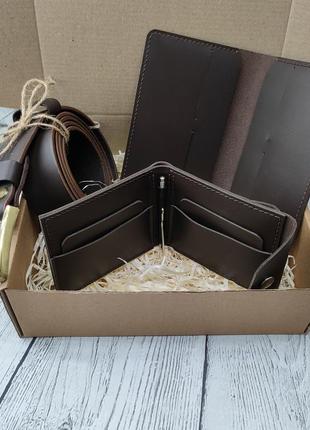 Подарунковий набір чоловіку. набір шкіряних виробів. подарунковий набір ремінь, затискач, обкладинка.