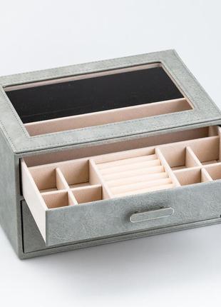 Скринька органайзер для прикрас біжутерії прямокутна на два яруси з екошкіри 24.5 х 17.5 х 14 см сіра2 фото