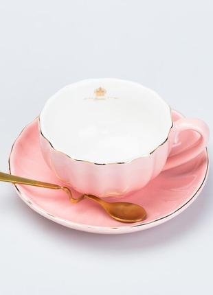 Чашка керамічна з блюдцем та ложкою 200 мл рожева3 фото