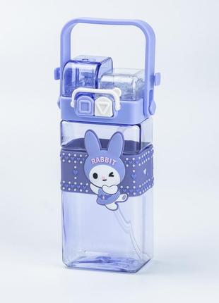 Дитяча пляшка для води з трубочкою 500 мл багаторазова з ремінцем фіолетова2 фото