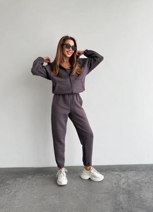 Костюм спортивный тройка топ худи с капюшоном и штаны джоггеры