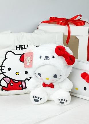 Подарунковий набір бокс для дівчинки з іграшкою: м'яка іграшка hello kitty (sanrio), сумка, пенал, лінійка, підвіска-брелок - у святковому пакуванні